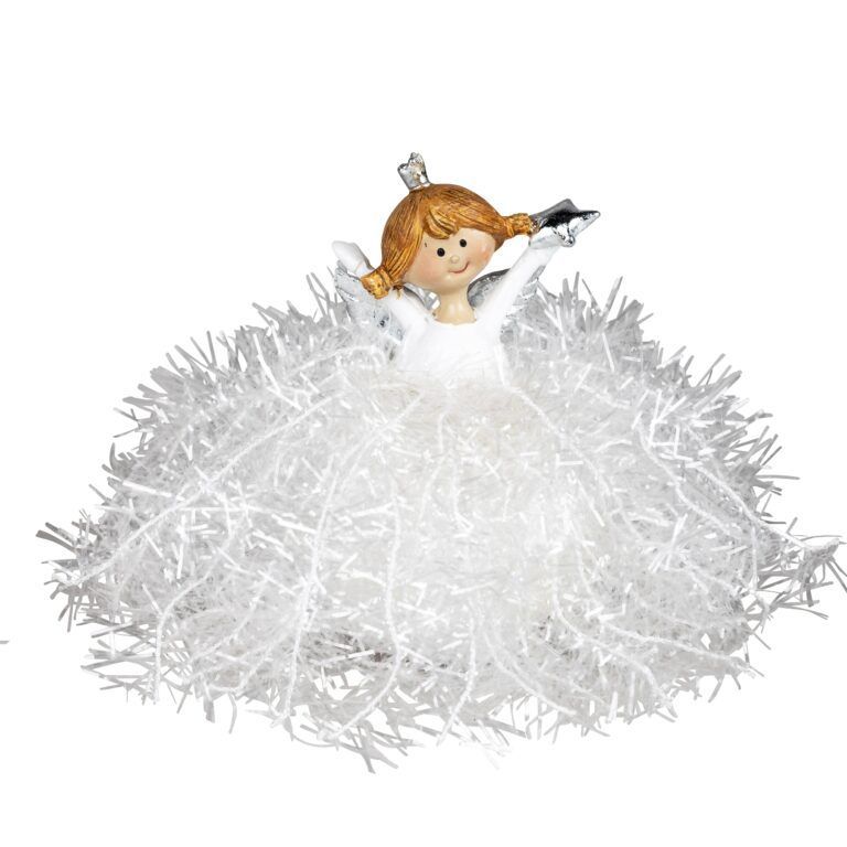 Engel Flocki mit Glitzerfäden und Stern in den Händen 10 cm