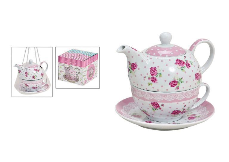 Teekanne im Set mit Rosen Dekor pink