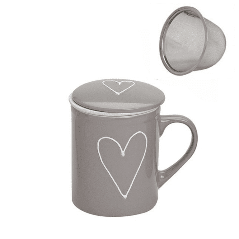 Teetasse Herz mit Metallsieb und Deckel in Beige