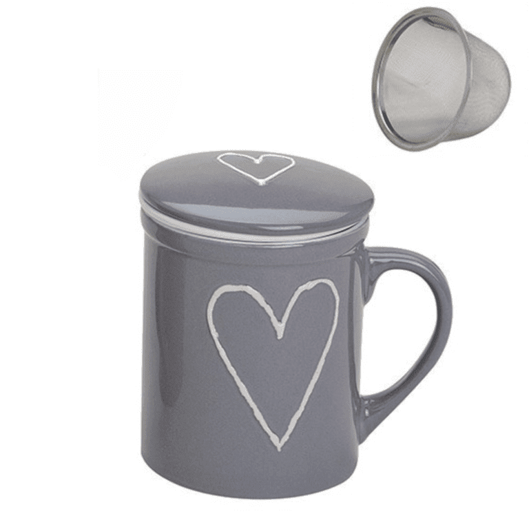 Teetasse Herz mit Metallsieb und Deckel in Beige
