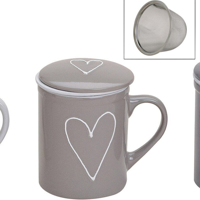 Teetasse Herz mit Teesieb und Deckel in beige