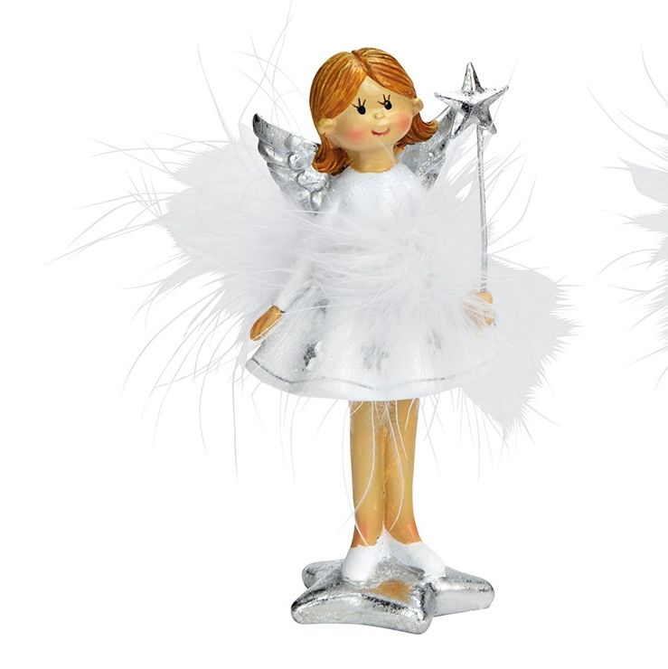 Engel Elsa im Federkleid weiss mit silbernen Stern in den Händen