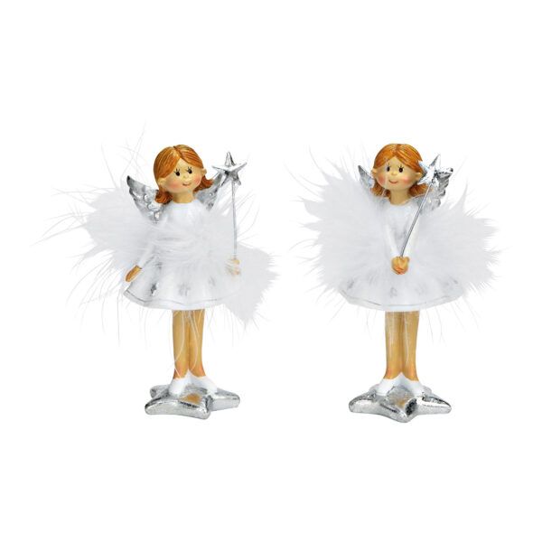 Engel Elsa im Federkleid weiss mit silbernen Stern in den Händen