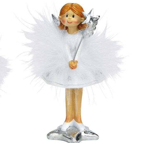 Engel Elsa im Federkleid weiss mit silbernen Stern in den Händen