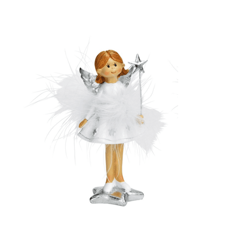 Engel Elsa im Federkleid weiss mit silbernen Stern in der Hand 11 cm Engel Elsa im Federkleid weiss mit silbernen Stern in der Hand 11 cm