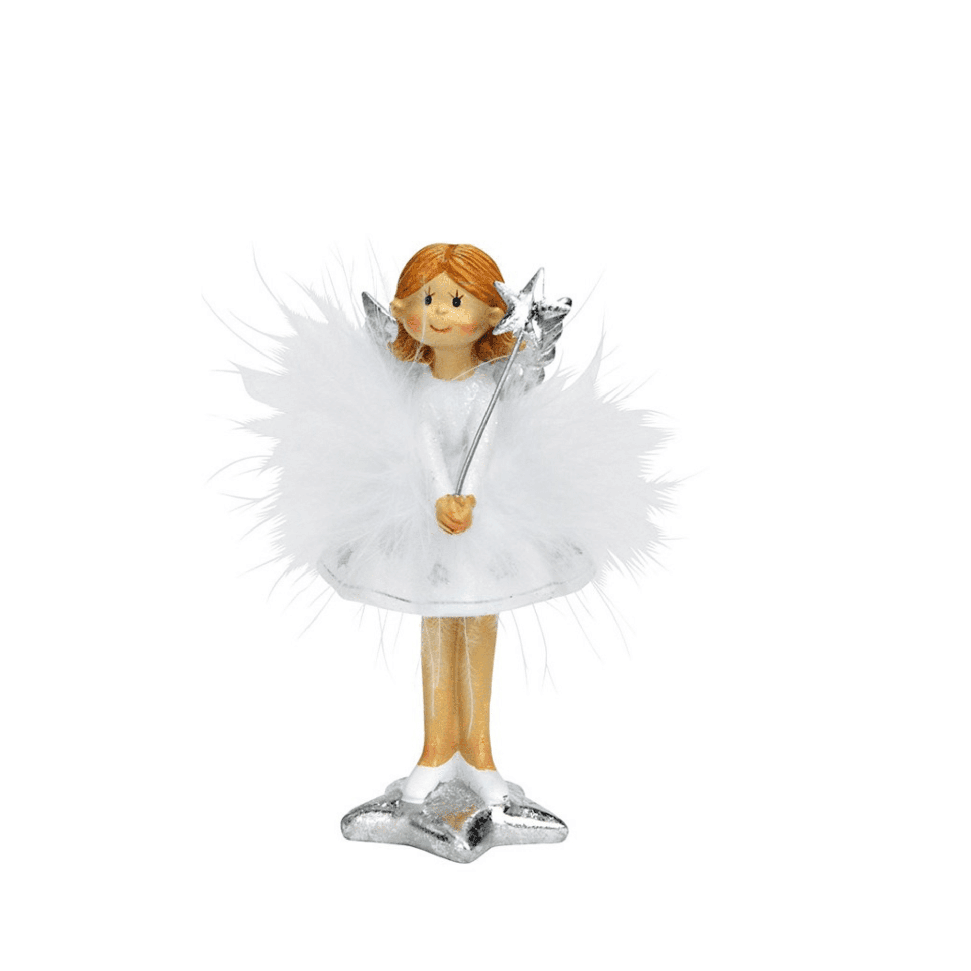 Engel Elsa im Federkleid weiss mit silbernen Stern in der Hand 11 cm Engel Elsa im Federkleid weiss mit silbernen Stern in der Hand 11 cm