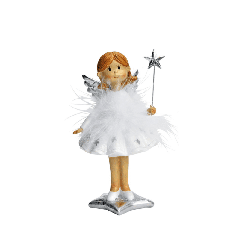 Engel Elsa im Federkleid weiss mit silbernen Stern in der Hand 15 cm Engel Elsa im Federkleid weiss mit silbernen Stern in der Hand 15 cm