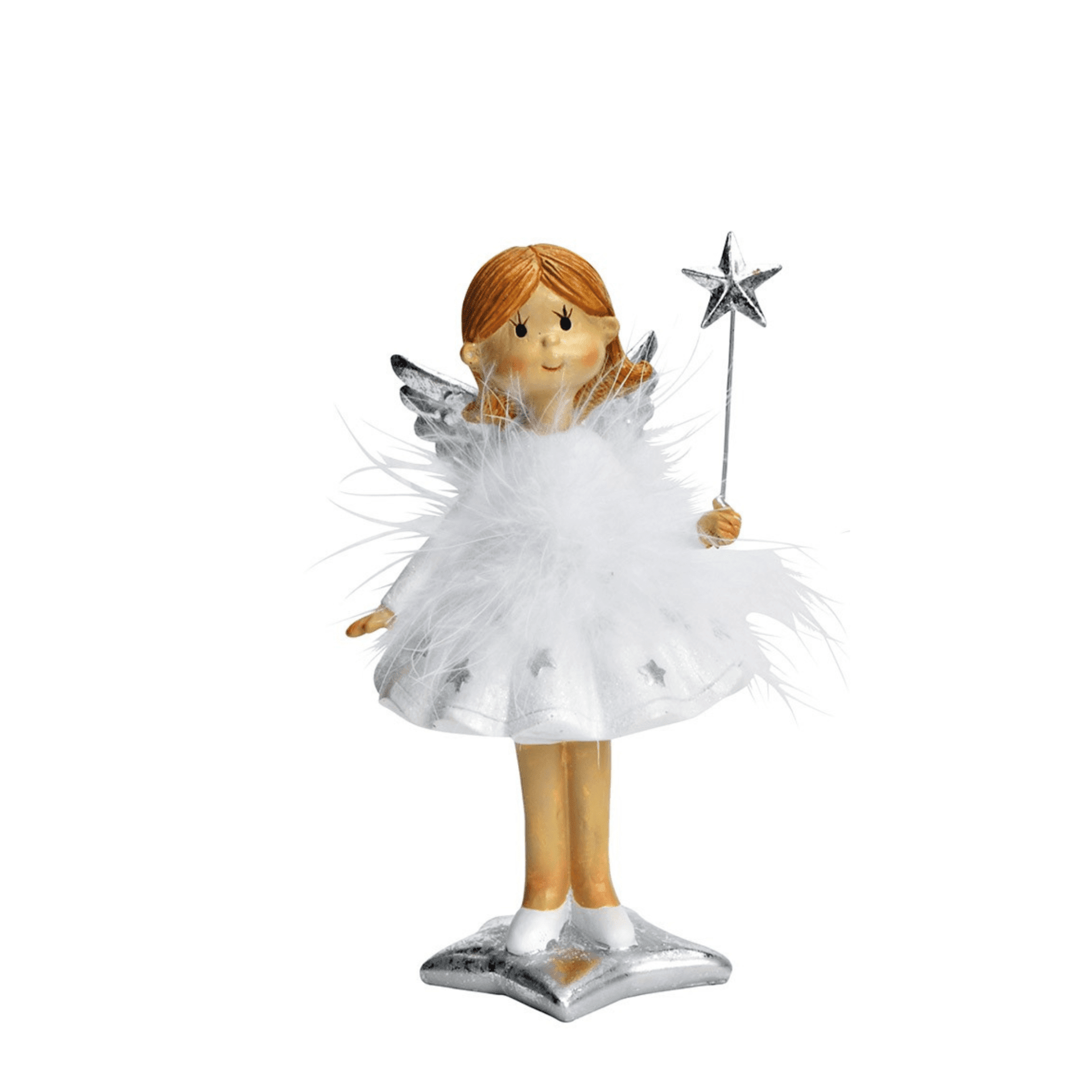 Engel Elsa im Federkleid weiss mit silbernen Stern in der Hand 15 cm Engel Elsa im Federkleid weiss mit silbernen Stern in der Hand 15 cm