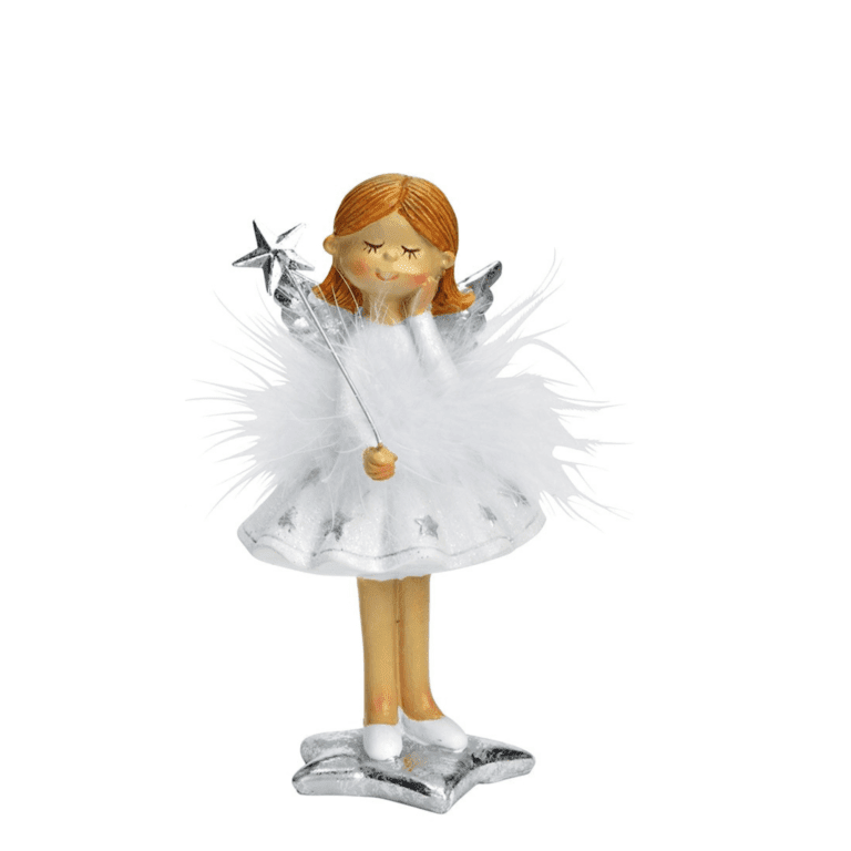 Engel Elsa im Federkleid weiss mit silbernen Stern in der Hand 15 cm