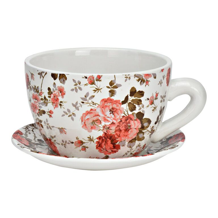 Blumentopf Tasse "Rosenmotiv" aus Keramik mit Unterteller 25 cm
