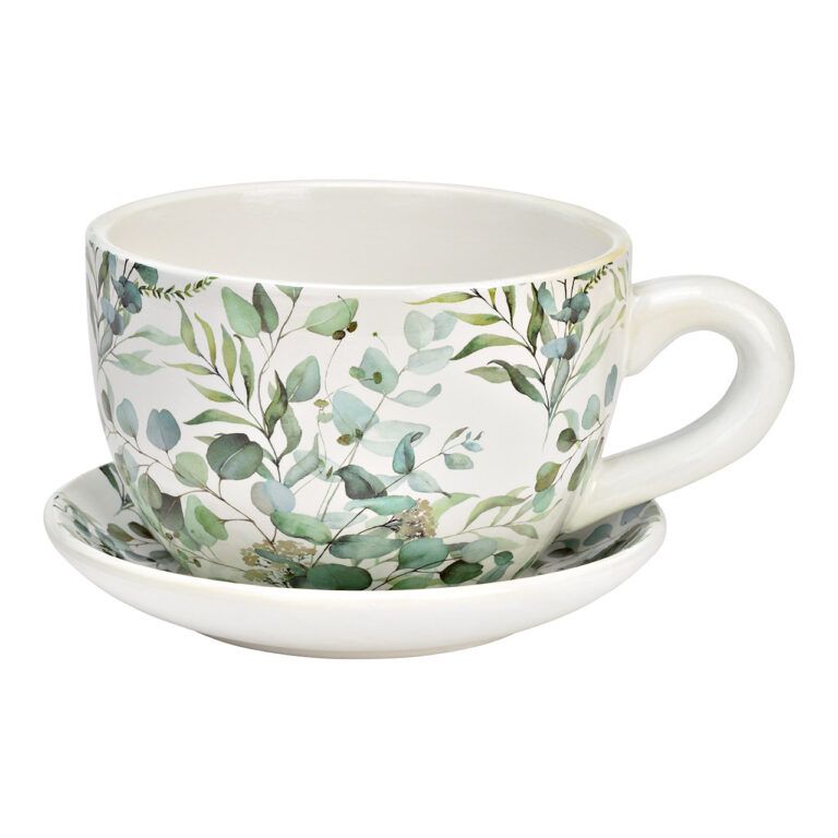Blumentopf Tasse "Rosenmotiv" aus Keramik mit Unterteller 25 cm