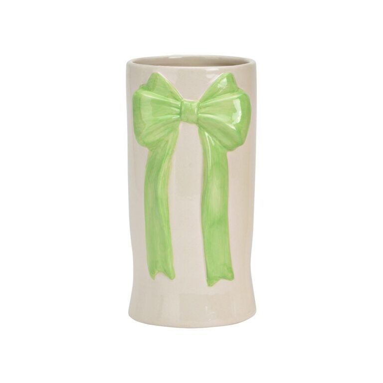 Vase aus Keramik in Weiss mit grüner Schleife 20 cm