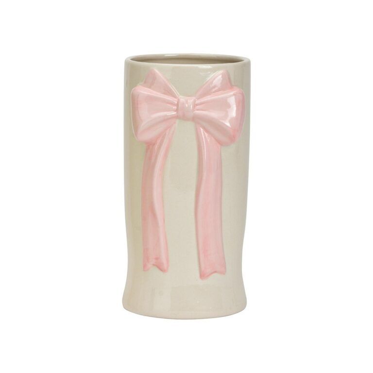 Vase aus Keramik in Weiss mit grüner Schleife 20 cm