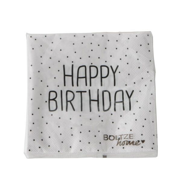 Serviette Happy Birthday weiss mit schwarzen Punkten