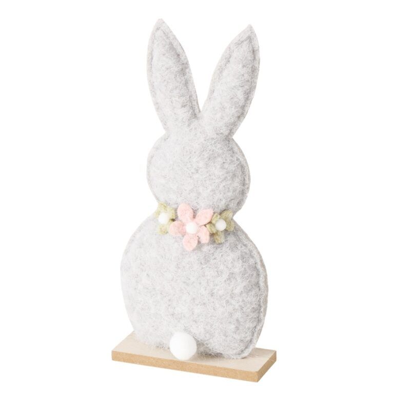 Aufsteller Hase in grau mit Blumenkranz