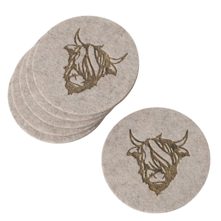 Glasuntersetzer aus Filz 6er Set in beige mit einem Hochlandrind / Yak