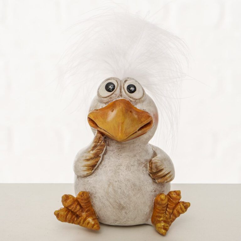 Vogel mit Glutschaugen und Feder auf dem Kopf