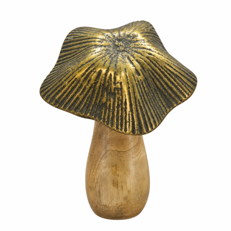 Pilz Aufsteller aus Mangoholz mit Metallhut in Schwarz/Gold 15 cm
