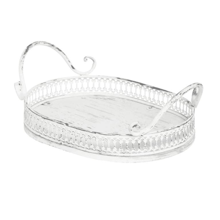Tablett aus Holz oval mit Metallrand und Griffen in weiss