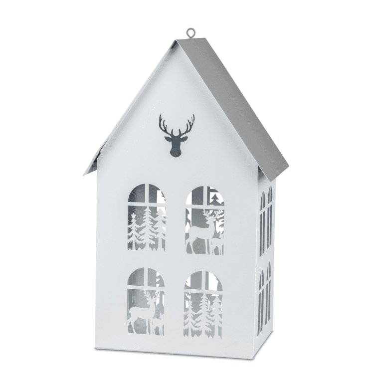 Metallhaus mit Hirschmotiv in Weiss mit grauem Dach 30 cm