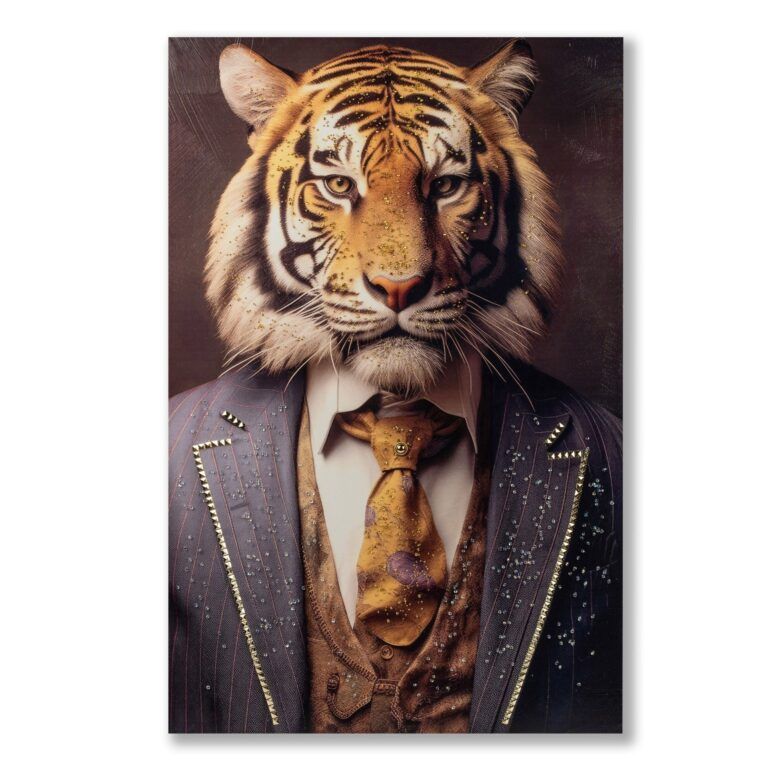 Wandbild Leinwand Tiger im Anzug mit glänzenden Acryl-Steinen
