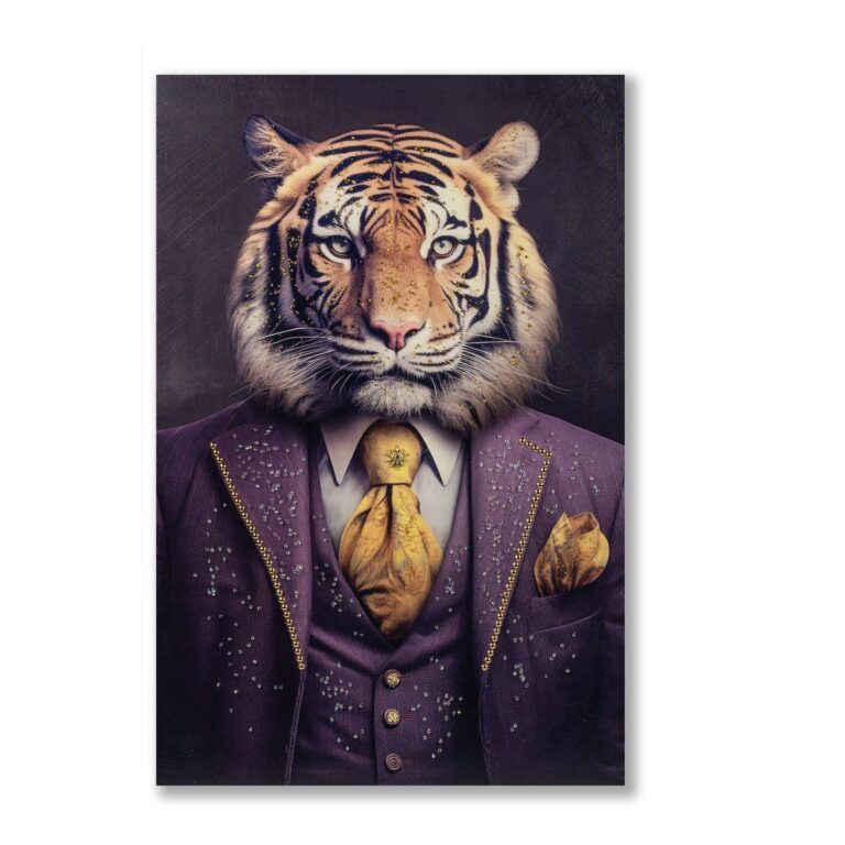 Wandbild Leinwand Tiger im Anzug mit glänzenden Acryl-Steinen