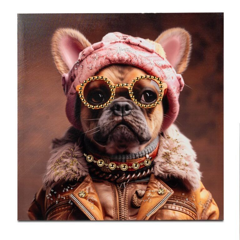 Wandbild Hund mit Brille auf Leinwand gedruckt mit glänzenden Acryl-Steinen