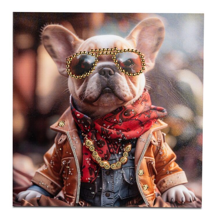 Wandbild Hund mit Brille auf Leinwand gedruckt mit glänzenden Acryl-Steinen