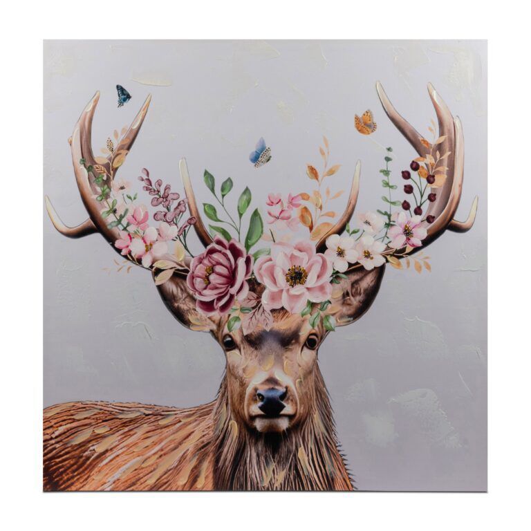 Wandbild Hirsch mit Blumen auf Leinwand gedruckt