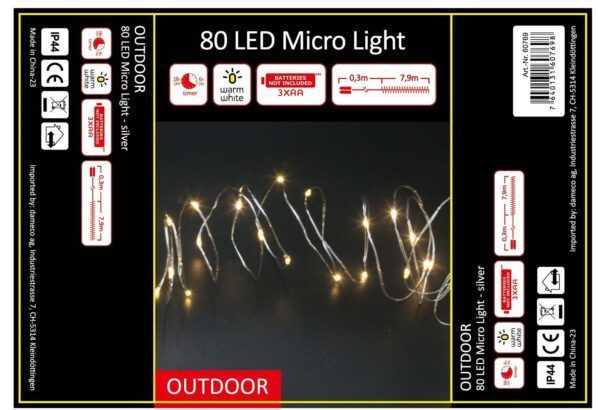 Lichterkette Microdraht 80 LED Outdoor 790 cm mit Timer